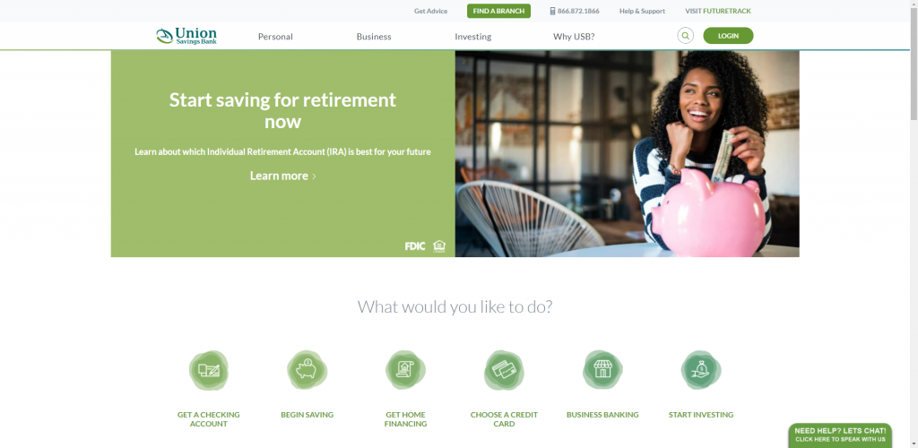 Screenshot of Union Savings Bank's Home Page on their website