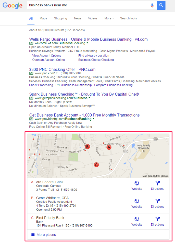 google search results map and local pack for business banks near me