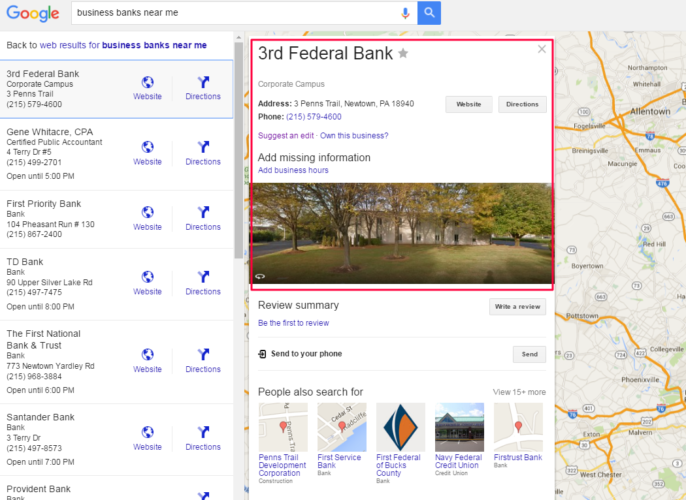 google business profile for business bank near me search result