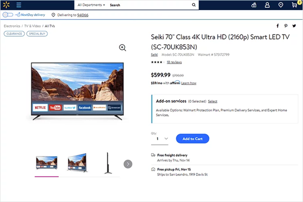 A screeenshot of Walmart's site to provide an example of what site breadcrumbs look like. This example show the breadcrumbs of Electronics > TV & Videos > All TVs.