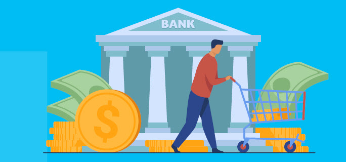 illustration of person pushing shopping cart with money in front of bank