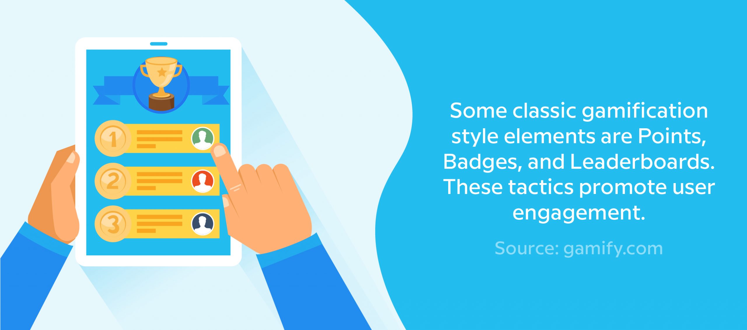 Some classic gamification style elements are Points, Badges, and Leaderboards. These tactics promote user engagement. Source: gamify.com