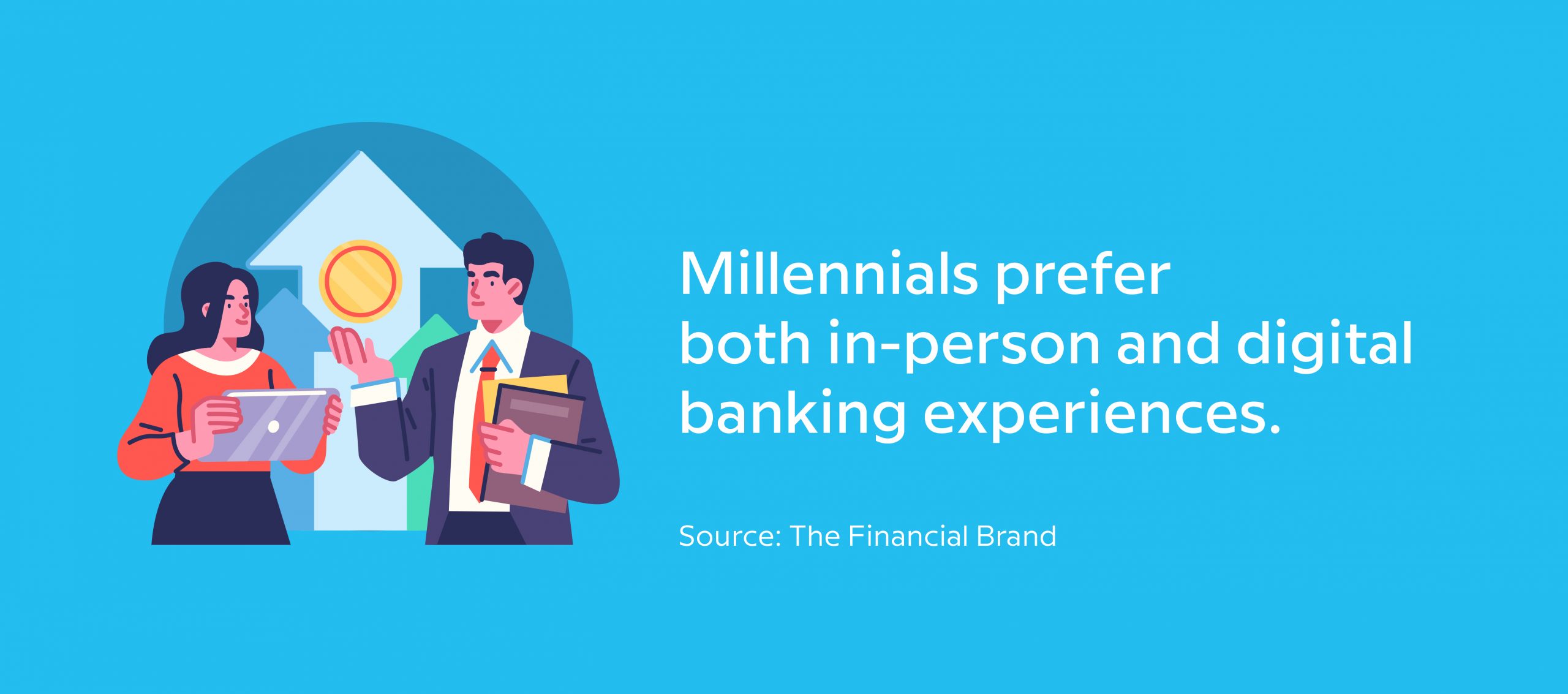 Millennials prefer both in-person and digital banking experiences - Source The Financial Brand - Image of a woman with a tablet talking to a financial advisor