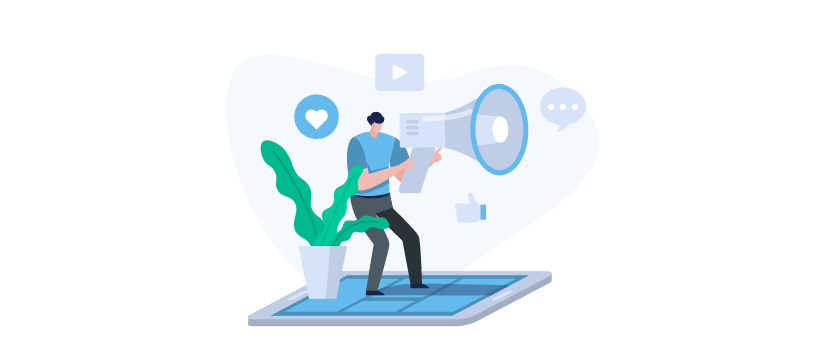 Graphic of a person with a megaphone and some social media icons