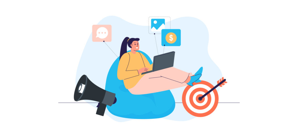 Woman sitting on beanbag chair with a laptop