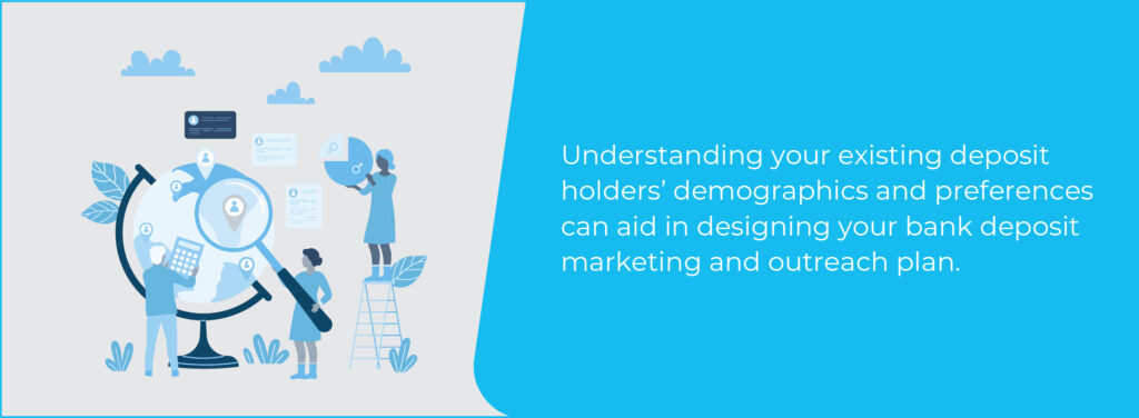 Text: Understanding your existing deposit holders' demographics and preferences can aid in designing your bank deposit marketing and outreach plan.