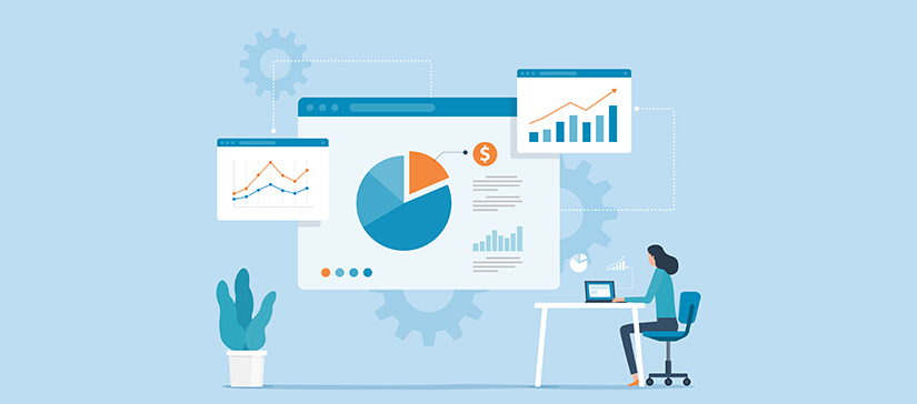 Graphic of a person on a laptop looking at charts