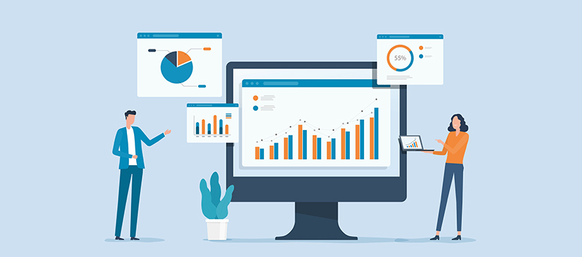 graphic of people standing by a large laptop screen with various charts