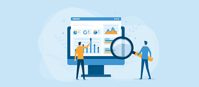 Graphic of two men looking at graphs on a giant laptop screen holding a magnifying glass