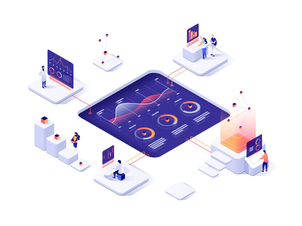 People interacting with charts and analyzing statistics. Data visualization concept. 3d isometric illustration.