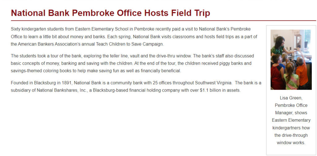 National Bank hosts field trip.