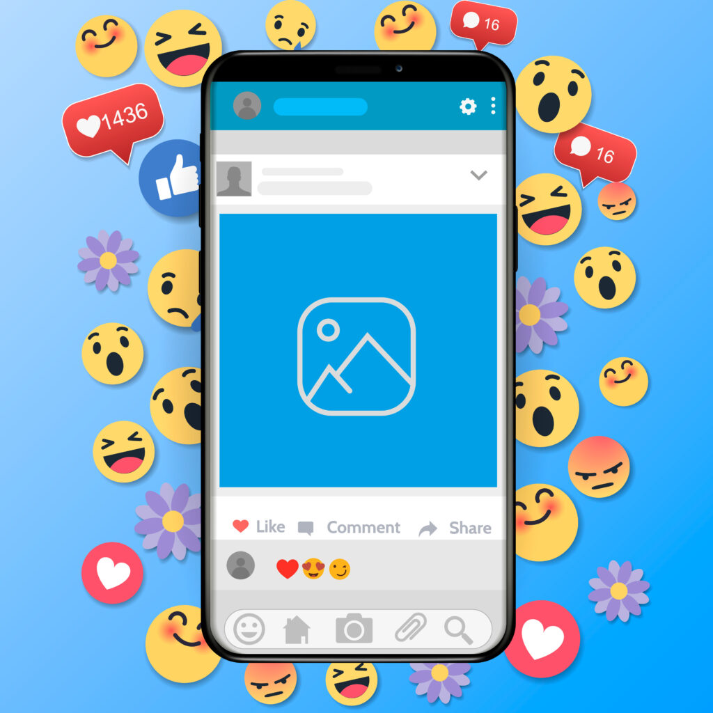Phone surrounded by emojis and reactions