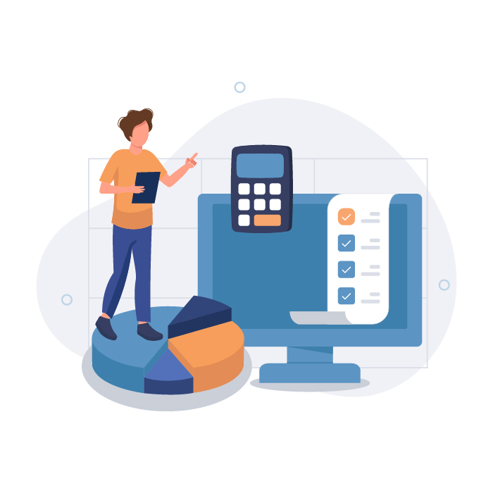 graphic of a person standing on a pie chart with a calculator