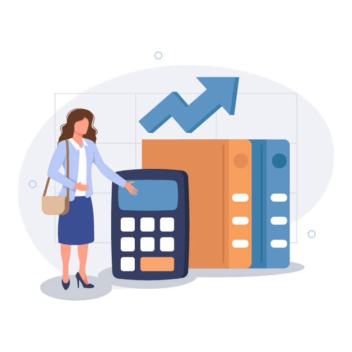 graphic of a woman with a calculator, books and an up arrow
